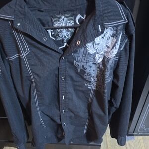 LG Black Casual Button Down Shirt with White Embroidery